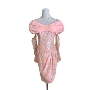 Vintage 80s Pink Lace Off Shoulder Dress Dress with Matching Gloves XS Prom